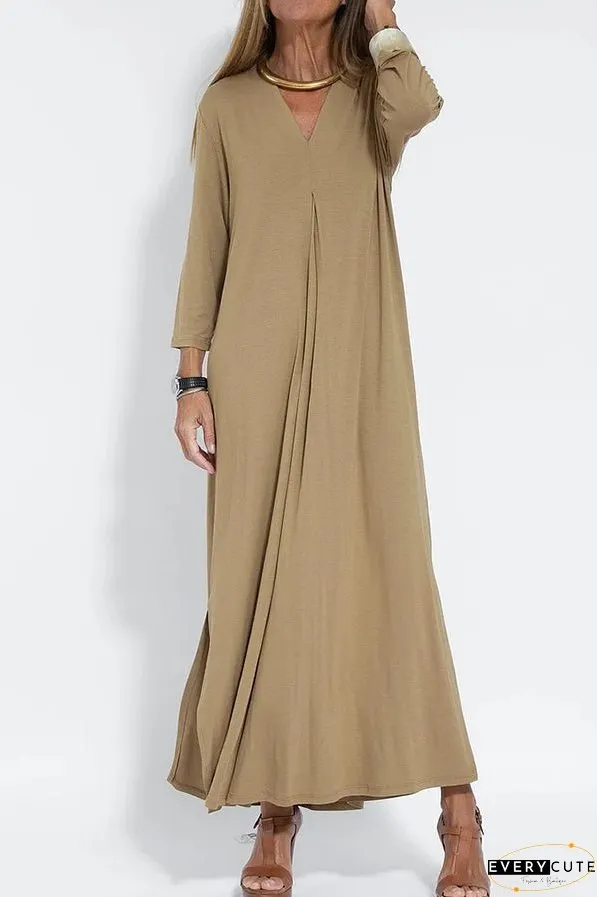 Women Casual V Neck Solid Color Maxi Dress