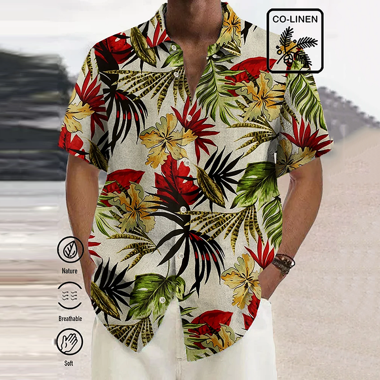 BrosWear Men'S Banana Leaf Flower Print  Short Sleeve Plus Size Shirt