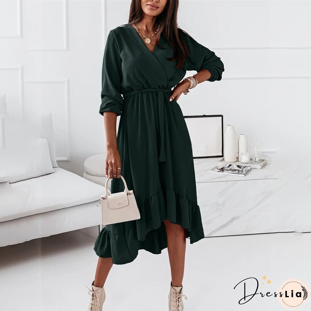 Christmas Gift Fashion V Neck Long Sleeve Green Midi Dress Women Fall Clothes Casual Elegant Office Ladies Dresses For Woman Robe Femme