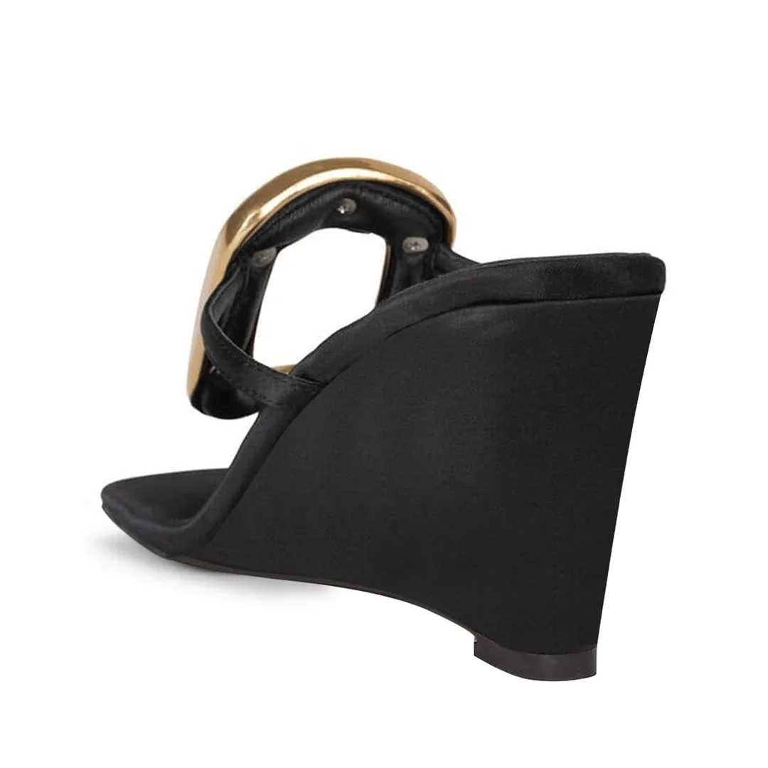 Satin Square Toe Golden Buckle Black Strappy Sandals with Wedge Heel