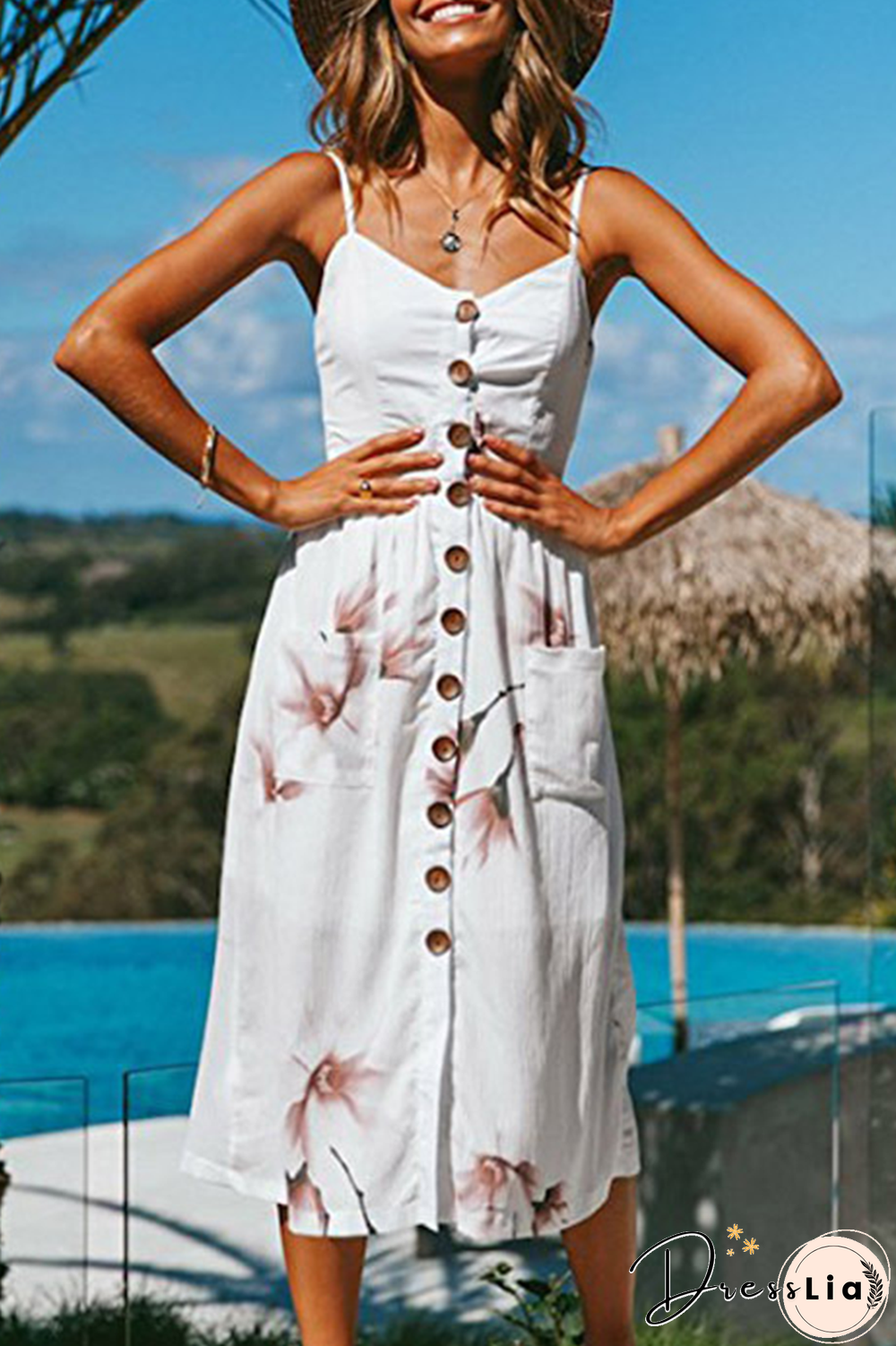 Casual Solid Floral Pocket Buckle Spaghetti Strap A Line Dresses