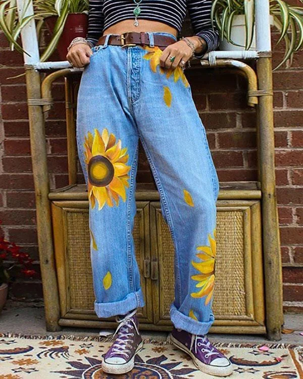 women s casual print washed sun flower loose jeans p101840