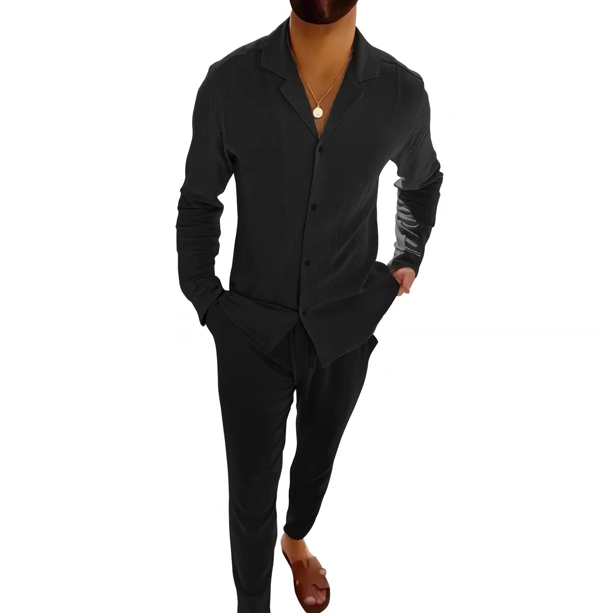 Mature Men Casual Long-sleeved Suits Fashion Lapel Single-breasted Shirt Top And Slim-fit Trousers