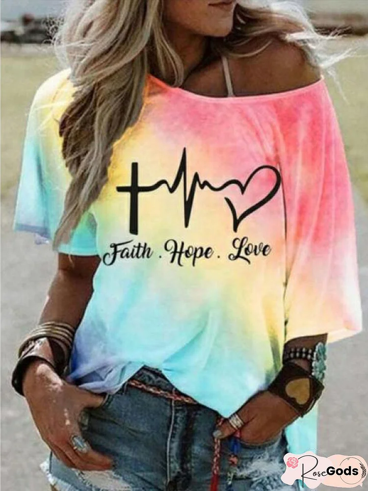 Ombre Daily Casual Ombre/Tie-Dye Letter Short Sleeve Shift T-Shirt