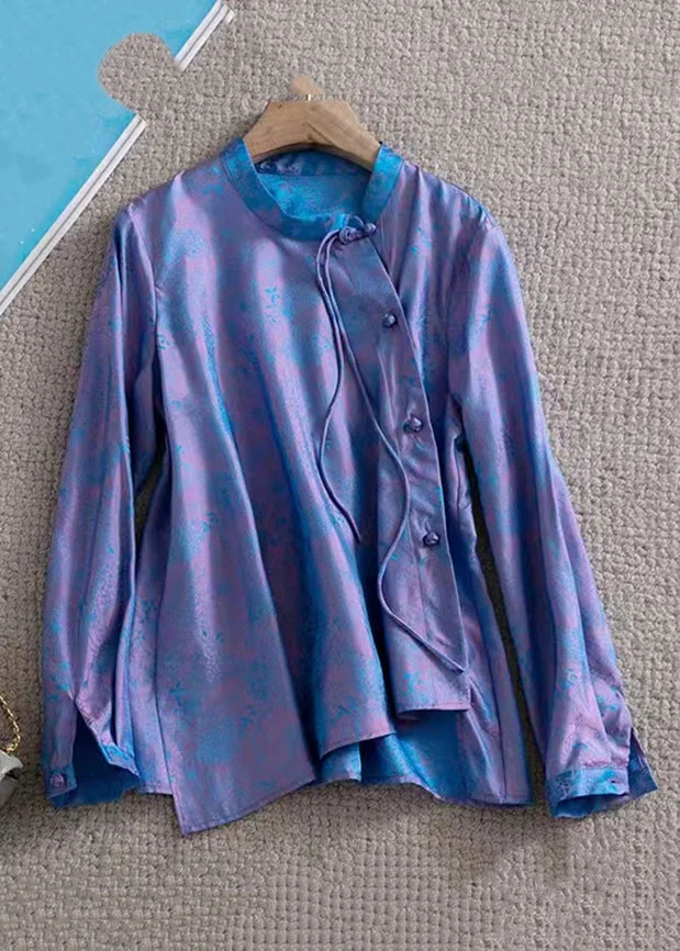Jacquard Purple Stand Collar Button Silk Shirt Top Fall