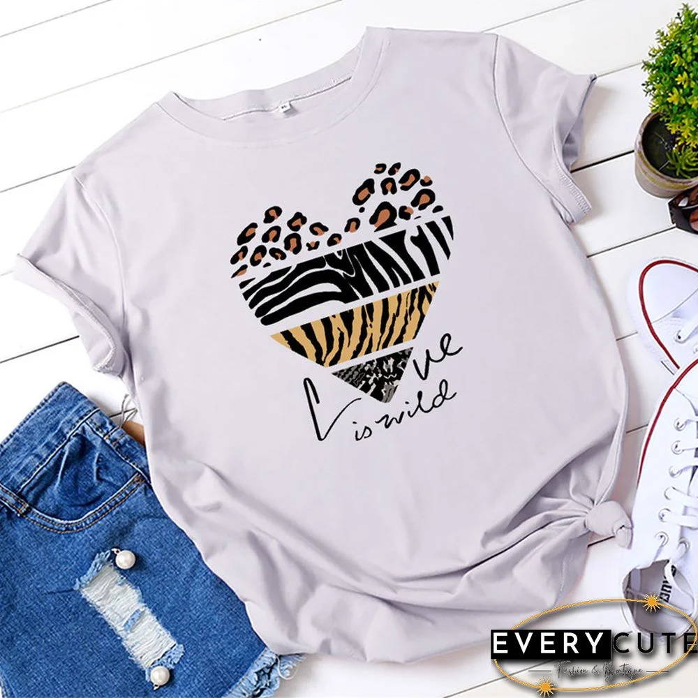 White Woman Tshirts Summer TShirt Fashion Heart Leopard Print Shirt 100%Cotton Tops O Neck Short Sleeve Tees Women Graphic Tee