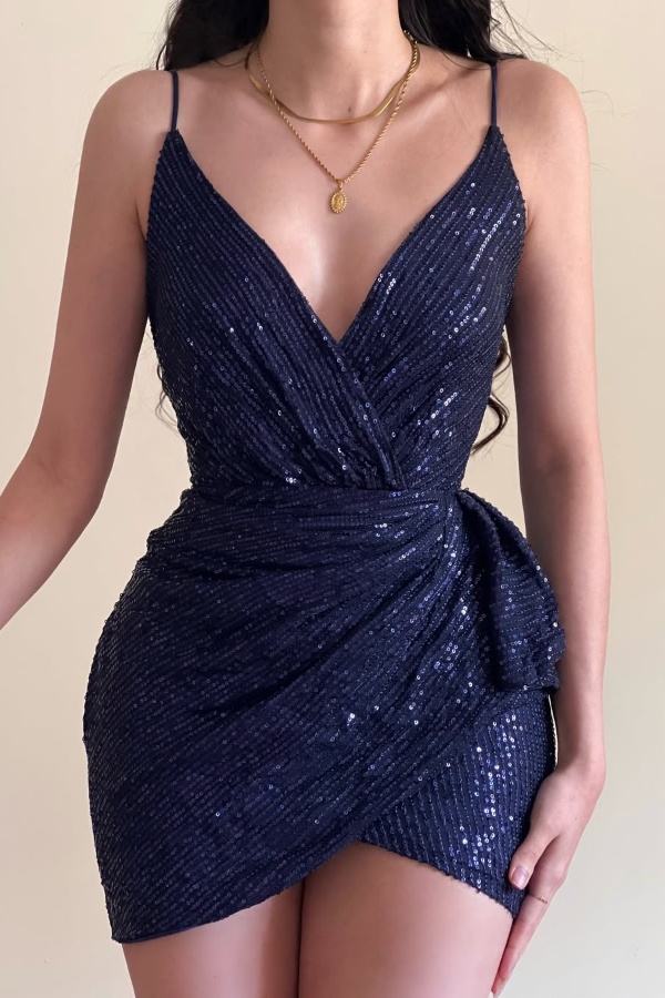 Ovlias Royal Blue Spaghetti Strap V-Neck Homecoming Dress Pleated with Sequins CH0033
