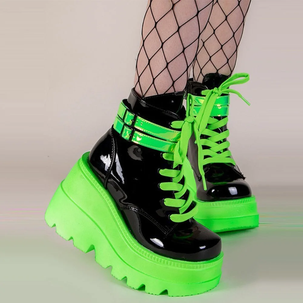 BONJOMARISA New Arrrivals Brand Platform High Wedges Motorcycle women's Boots Light Green Lace Up Punk Goth Autumn Winter Shoes