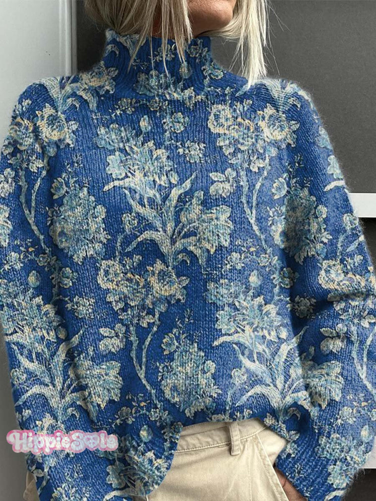 Women’s Vintage Lovely Floral Art Print Knit Turtleneck Pullover Sweater Blue / S