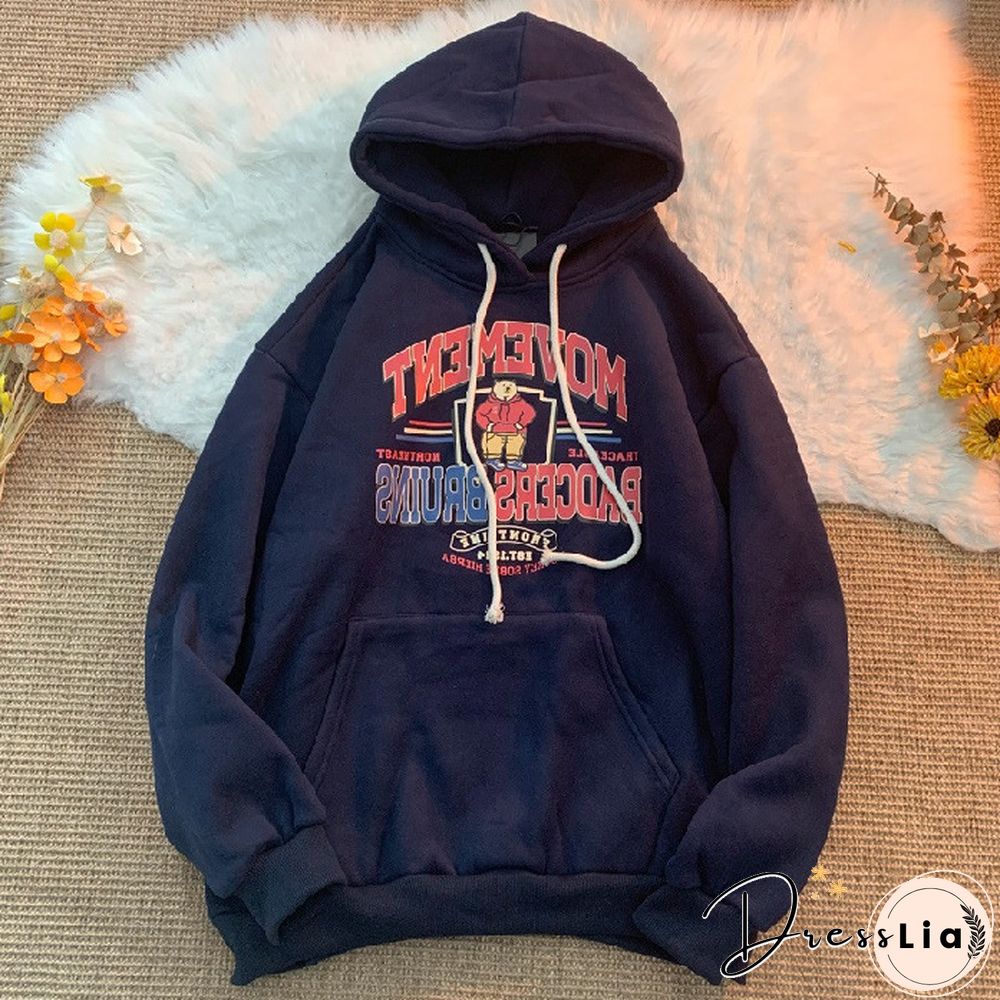 Unisex Street Retro Bear Letter Offset Hoodie