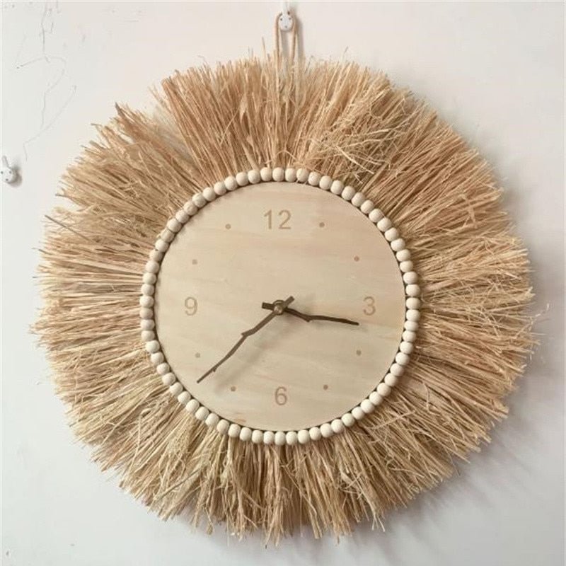 Hand Woven Raffia Straw Wall Clock INS Nordic Minimalist Wooden Mute Clocks For Baby Kids Room Decorations Figurines Photo Props