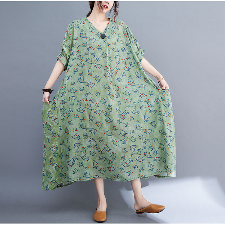 Avocado Green Loose Print Cotton and Linen Midi Dress