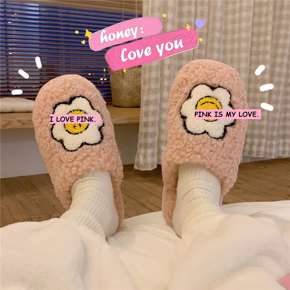 Slippers Winters Indoor Womens Fluffy Soft  Slip On House Curly Fur Slippers Sunflower Pattern Antiskid Short Plush Flat Shoes