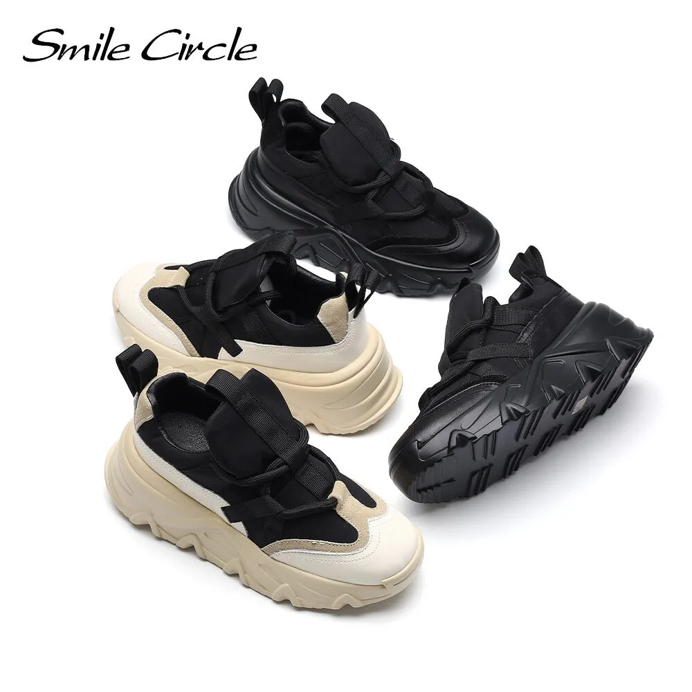 Smile Circle Chunky Sneakers Women Flat Platform Shoes Fashion Lace-up Comfortable 6CM Thick Bottom Casual Shoes for Women