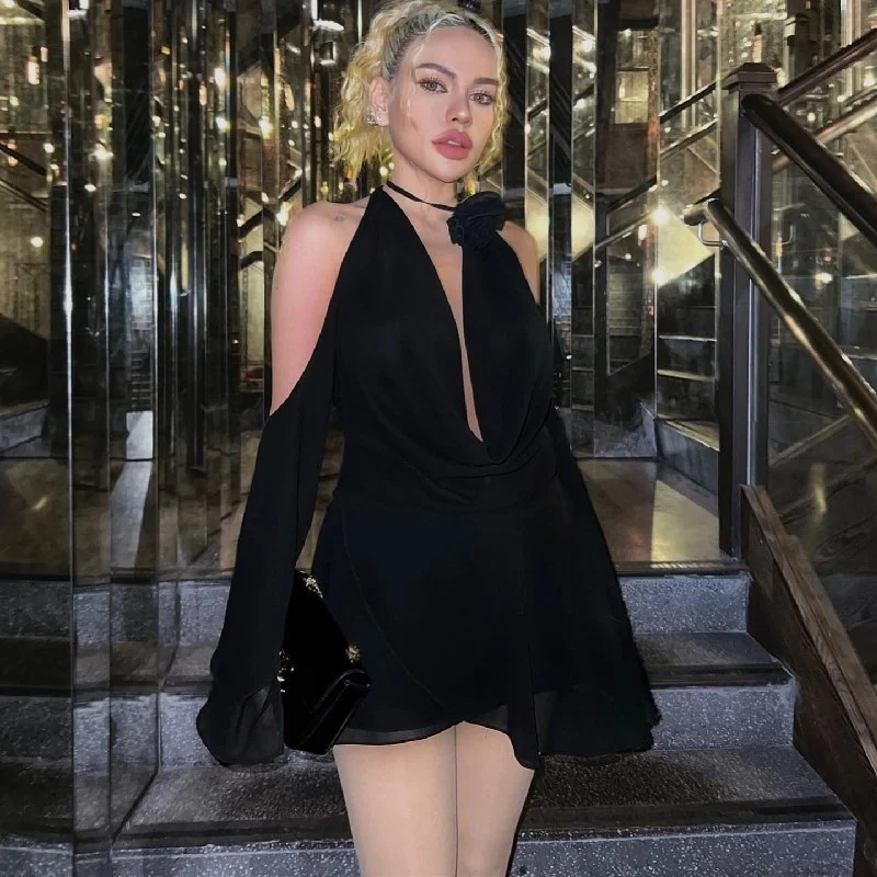 Toloer Toloer Women's Ins Sexy French Design Sense Fashion Trend Swing Collar Hanging Neck Long Sleeve Pure Desire Dress Woman-Outfit Ideas