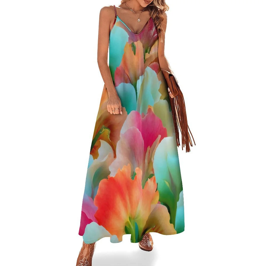 Style & Comfort for Mature Women Plus Size Printed Sling Casual Women Maxi Dress in Pattern Petals, Floral, Blue, Watercolor