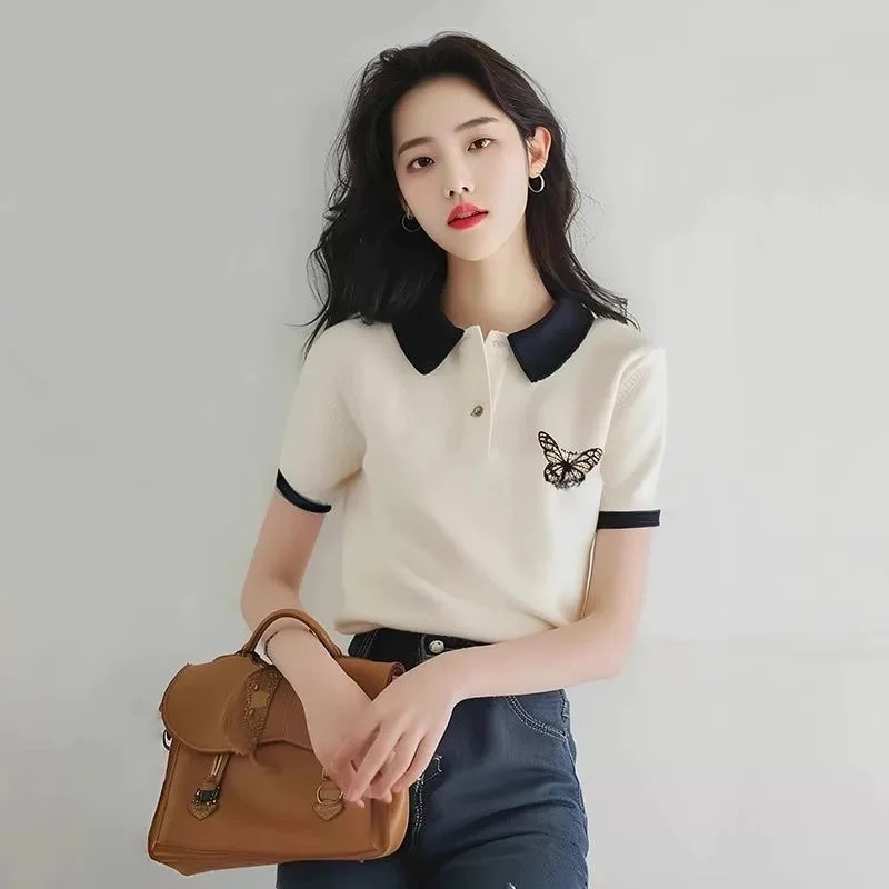 Athvotar Athvotar Butterfly Polo Collar Short-Sleeved T-Shirt Girl 2025 Summer Simple Fashion Does Not Hit The Unique Beauty Of The Top Woman