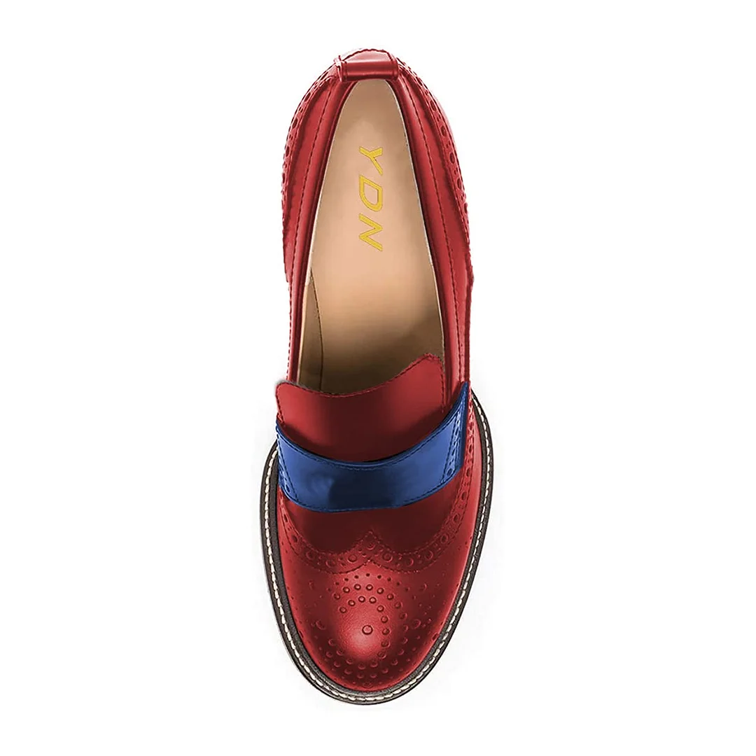 Classic Red Round Toe Chunky Heeled Loafers with Perforated