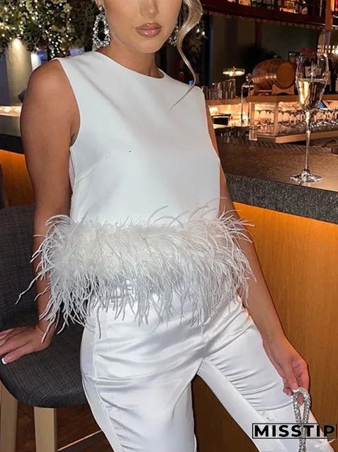 Women's Blouses Shirts Summer Elegant Tops and Blouses Women Solid Color Sleeveless Feather Hem Crop Tops Casual Shirts Female Streetwear 230520