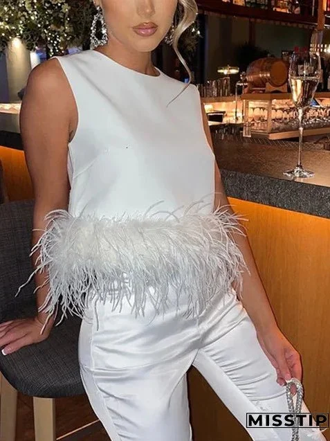 Women's Blouses Shirts Summer Elegant Tops and Blouses Women Solid Color Sleeveless Feather Hem Crop Tops Casual Shirts Female Streetwear 230520