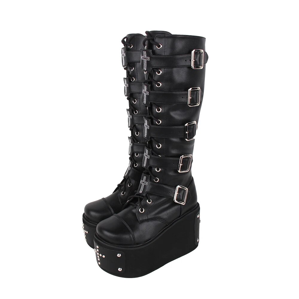 VCshoes Mori Girl Women Motorcycle Long Boots Lady Lolita Boots Woman High Heels Pumps Wedges Platform Shoes Rivets  7008