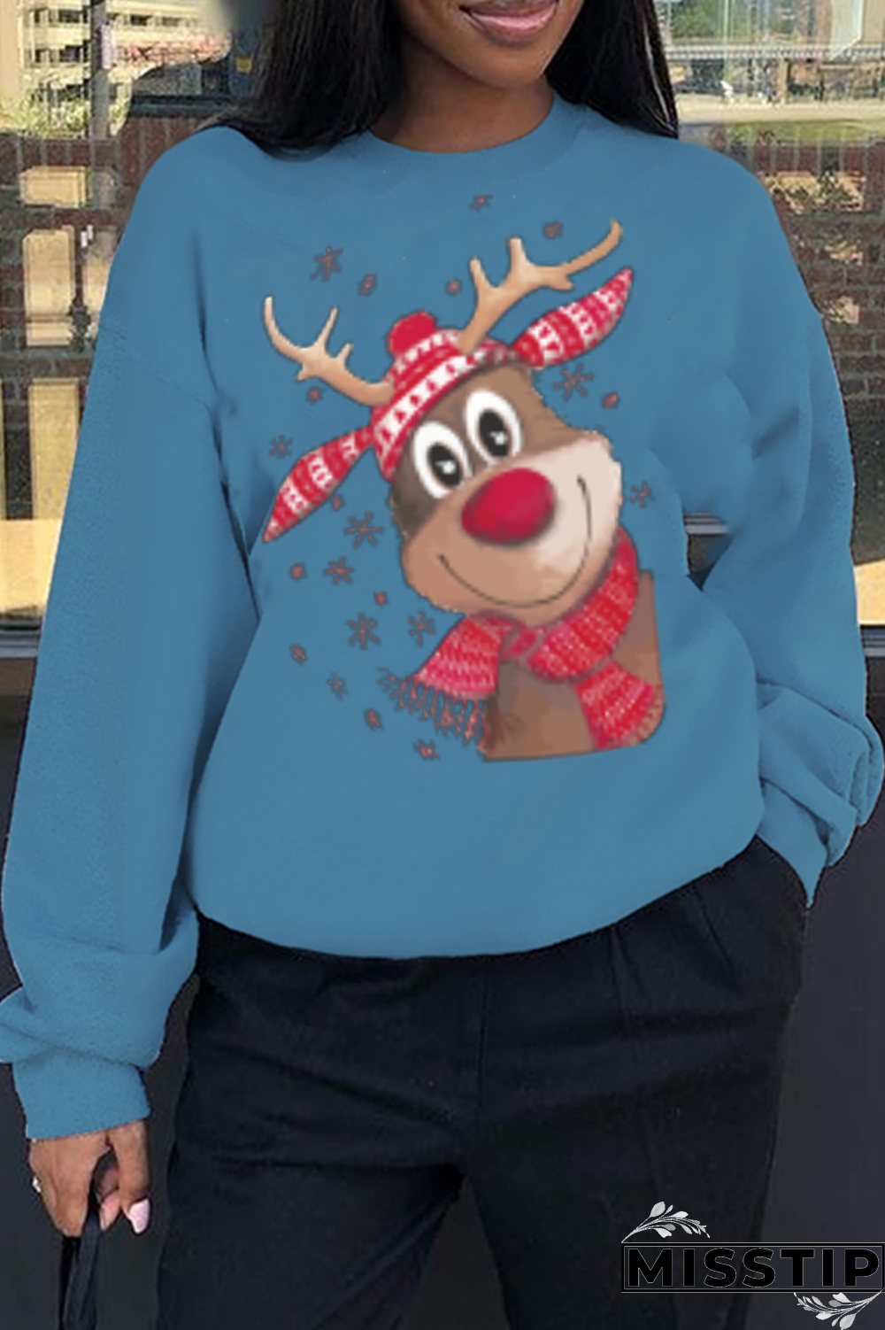 Black Casual Street Print Wapiti Patchwork O Neck Tops