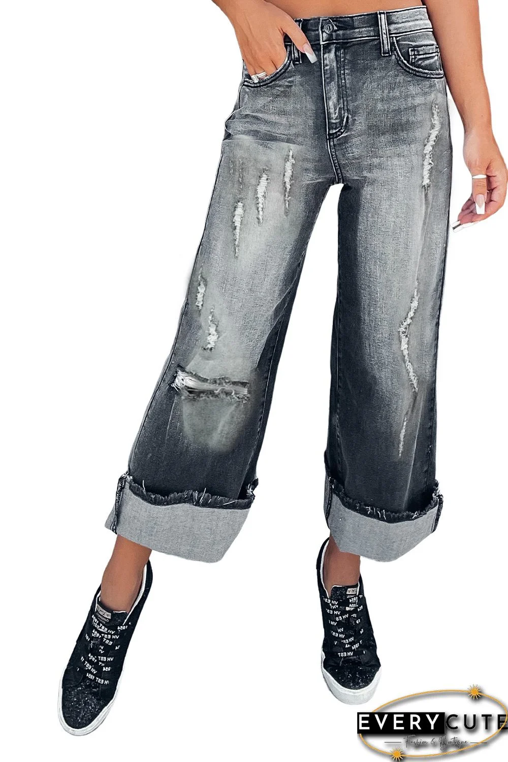 Gray Vintage Distressed Wide Leg Jeans