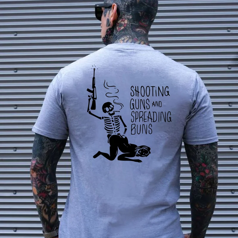 SHOOTING GUNS AND SPREADING BUNS Skull with Sexy Lady Print T-shirt