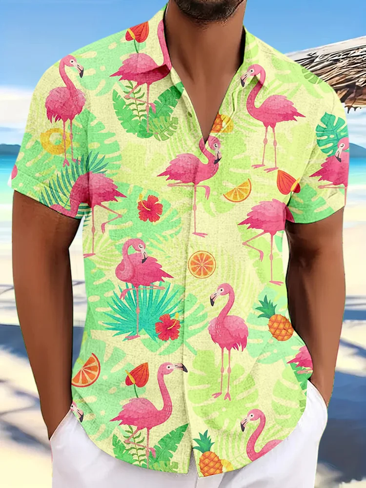 Men's Flamingo Tropical Plant Vacation Art Print Casual Shirt