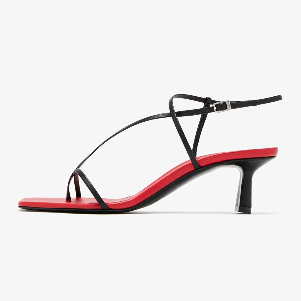 Red Simple Kitten Heels Crossed Strap Square Toe Women Sandals