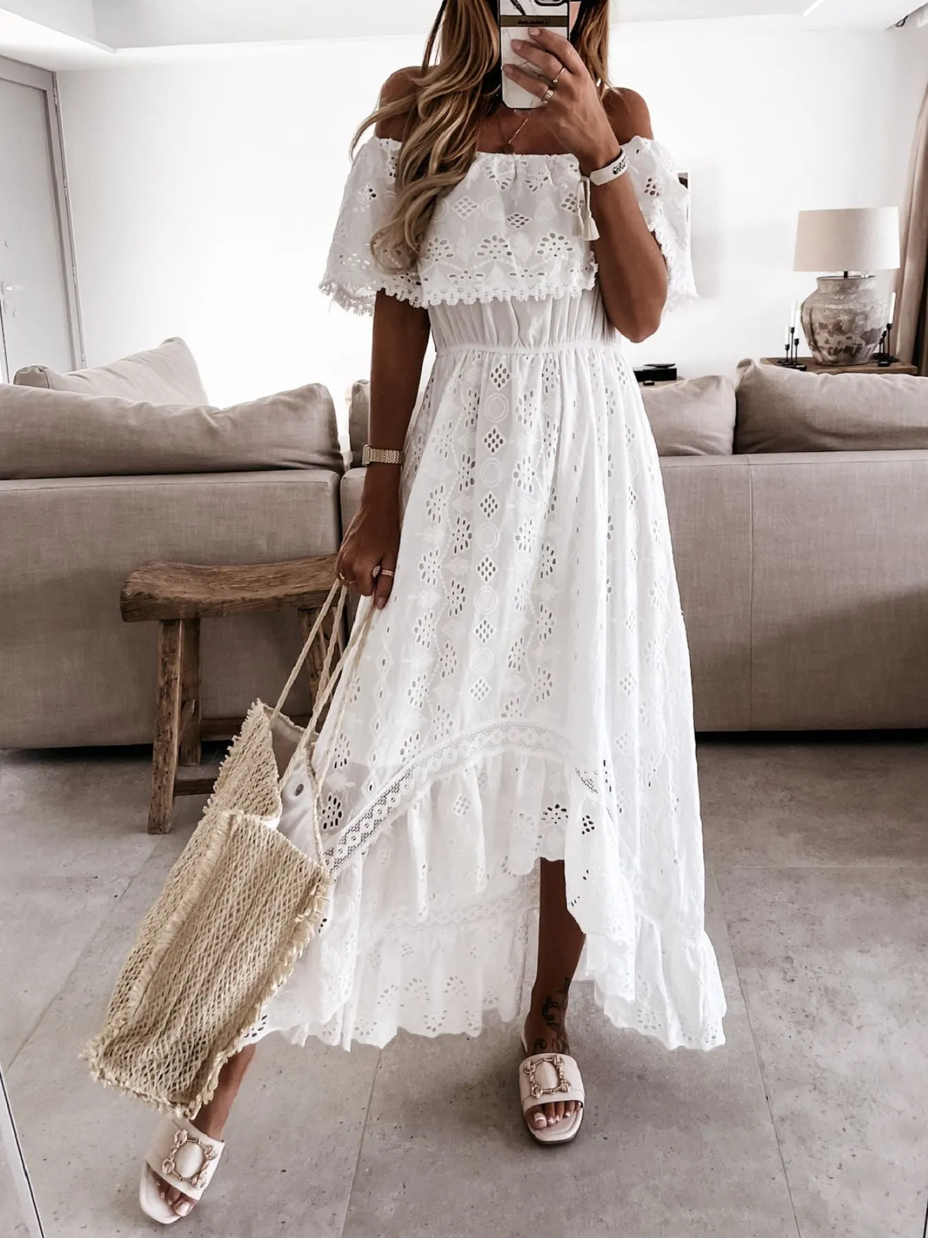 Off-Shoulder Eyelet Lace High-Low Maxi Dress mysite idetrend