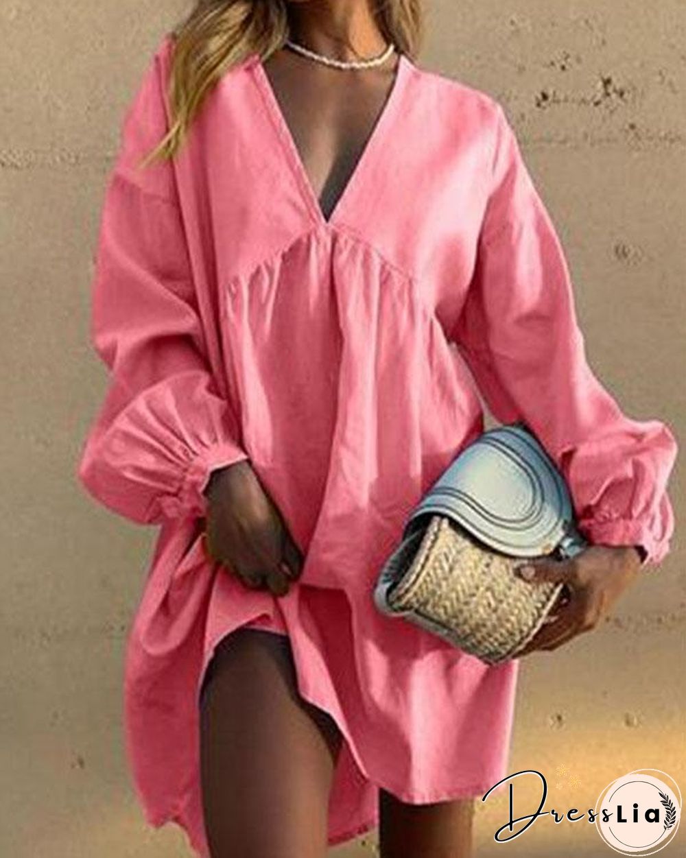 Linen Cotton V Neck Pleated Lantern Sleeve Mini Dress Casual Dress