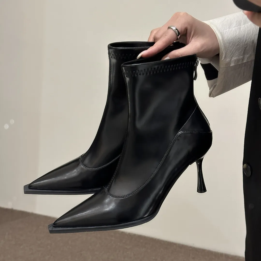 Churchf Churchf Autumn And Winter 2023 Thin Boots ~ Thin Heel, High Heel, Pointed Head, Soft Leather, Rear Zipper Korean Version Of Versatile Short Boots
