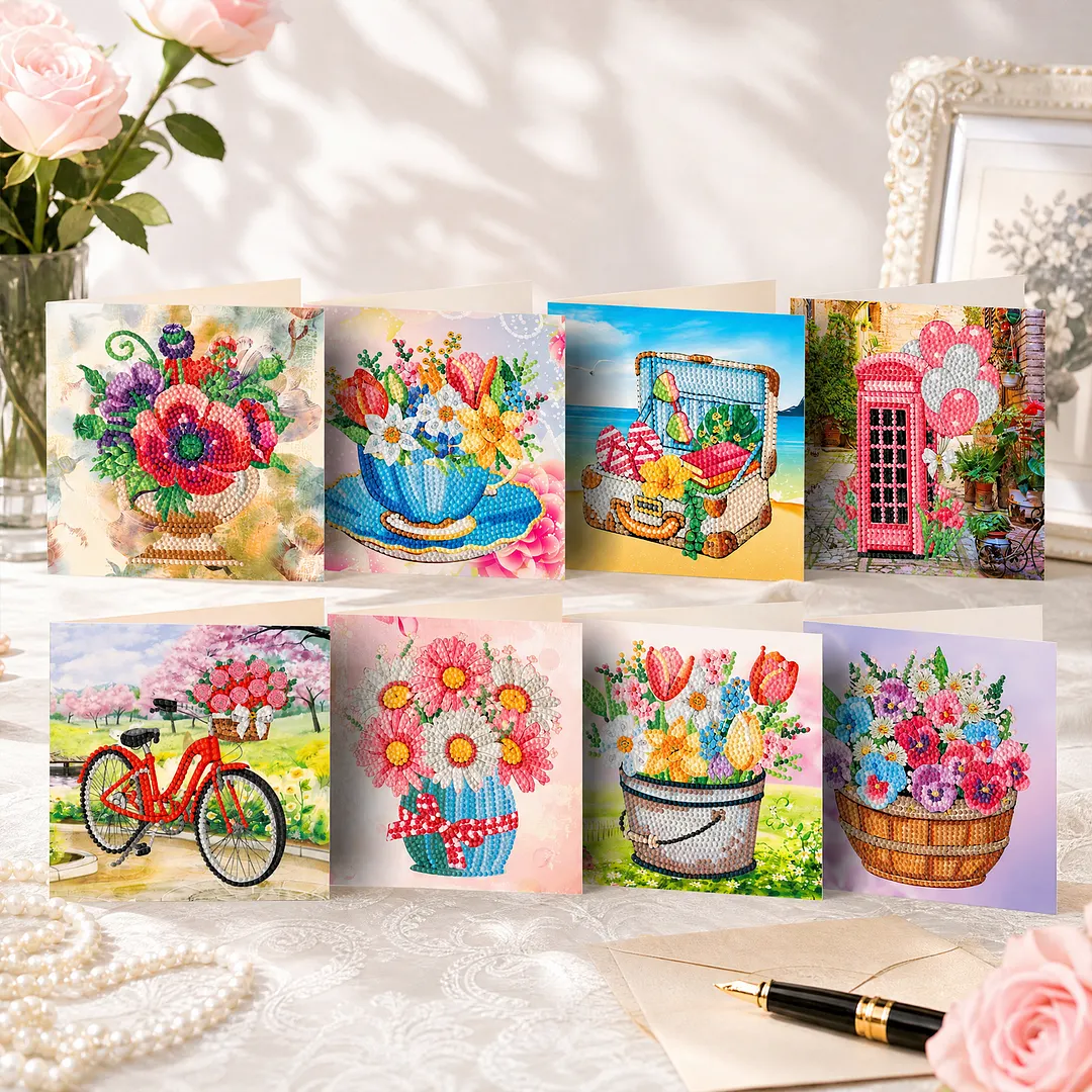 8PCS Garden DIY Diamond Painting Greeting Card Kits with Envelopes Diamond Art Greeting Cards Diamond Art Cards Kits for Adults DIY Crafts Family Friend Gifts