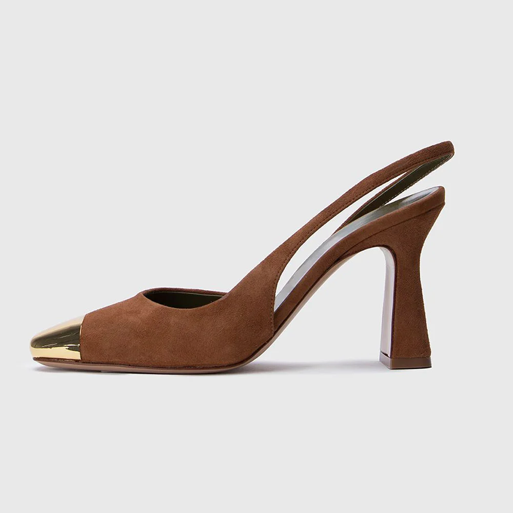 Brown Chunky Heel Metal Square Toe Classic Slingback Shoes