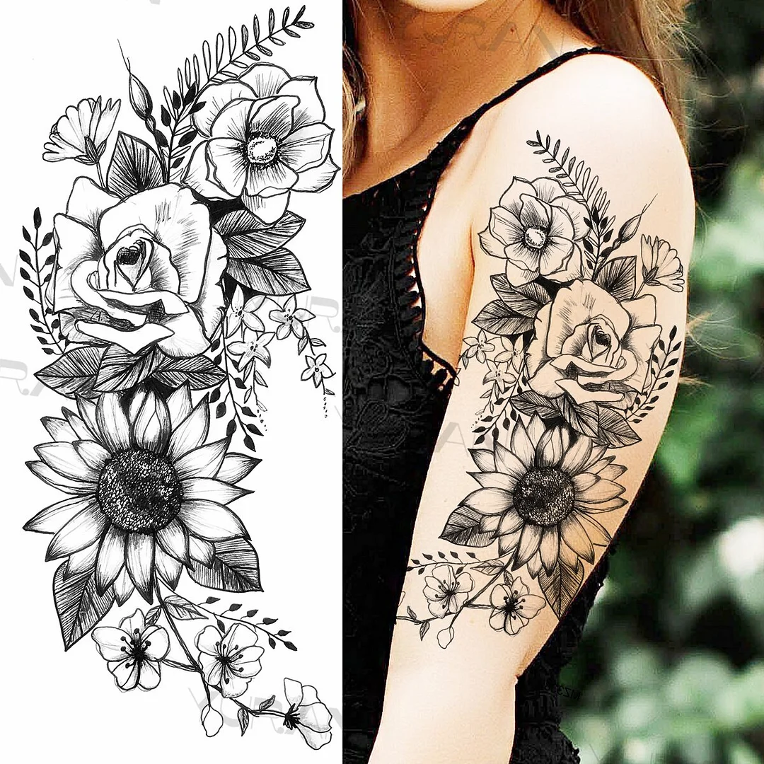 Sdrawing Rose Flower Temporary Tattoos For Women Realistic Snake Butterfly Flora Fake Tattoo Sticker Arm Body Waterproof Tatoos