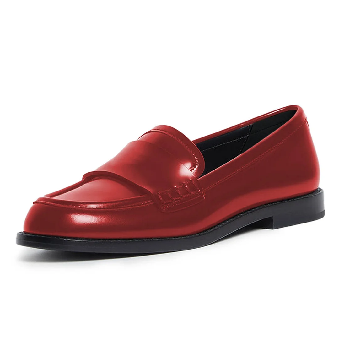 Shiny Red Vegan Leather Round Toe Flat Comfy Loafers for Ladies