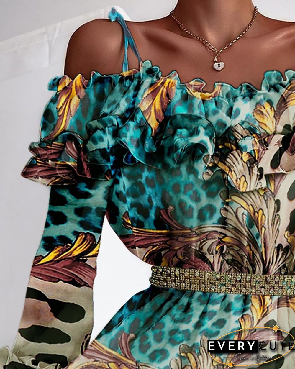Leopard Print Cold Shoulder Ruffles Dress
