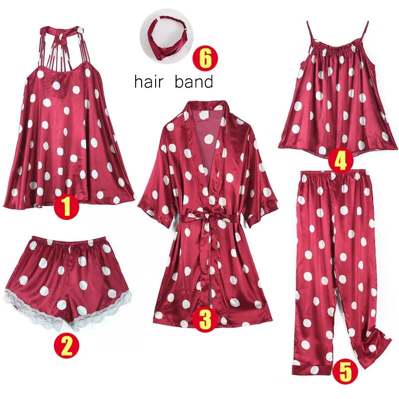 6PCS Women's Pajamas Sets Soft Pyjama Dot Pattern Women Sleepwear Sets Female Satin Spring Autumn Homewear Sexy Robe Nightwear