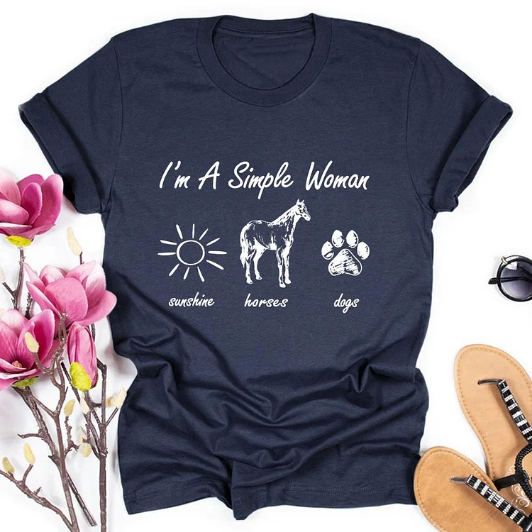 I'm A Simple Women Horses Dogs Round Neck T-shirt