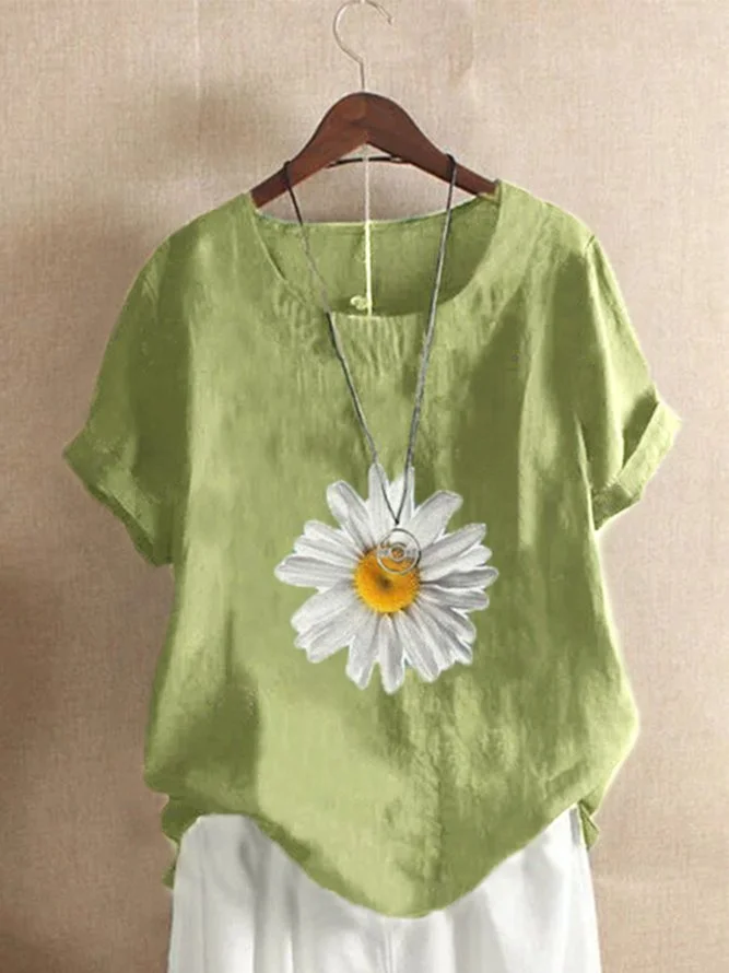 Vintage Short Sleeve Daisies Floral Printed Plus Size Crew Neck Casual Tops