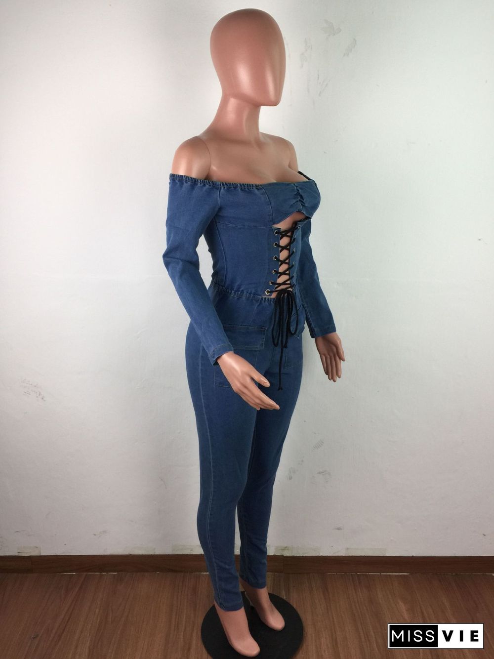 Women Off Shoulder Long Sleeve Hollow Out Lace Up Jumpsuit