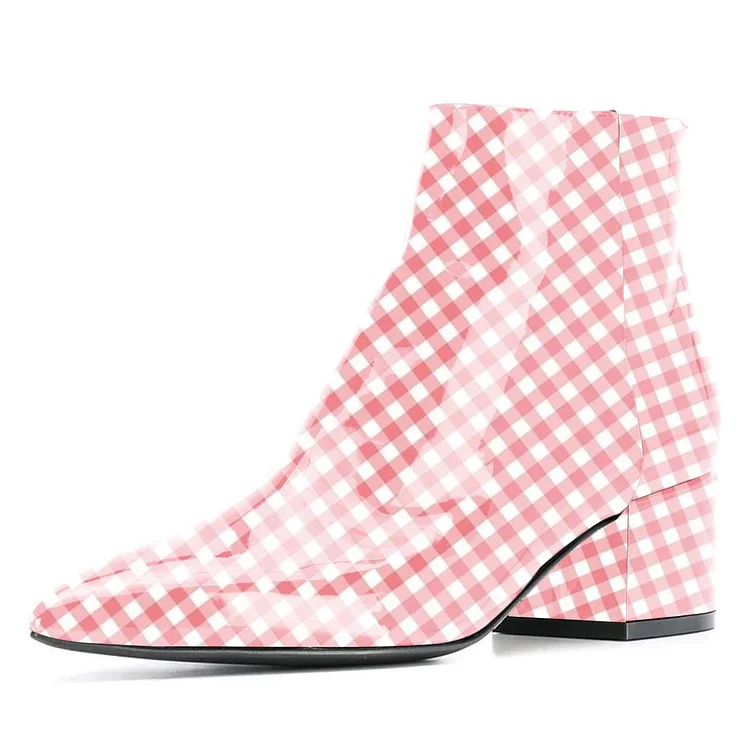 Pink and White Patent Leather Chequer Block Heel Ankle Boots |FSJ Shoes