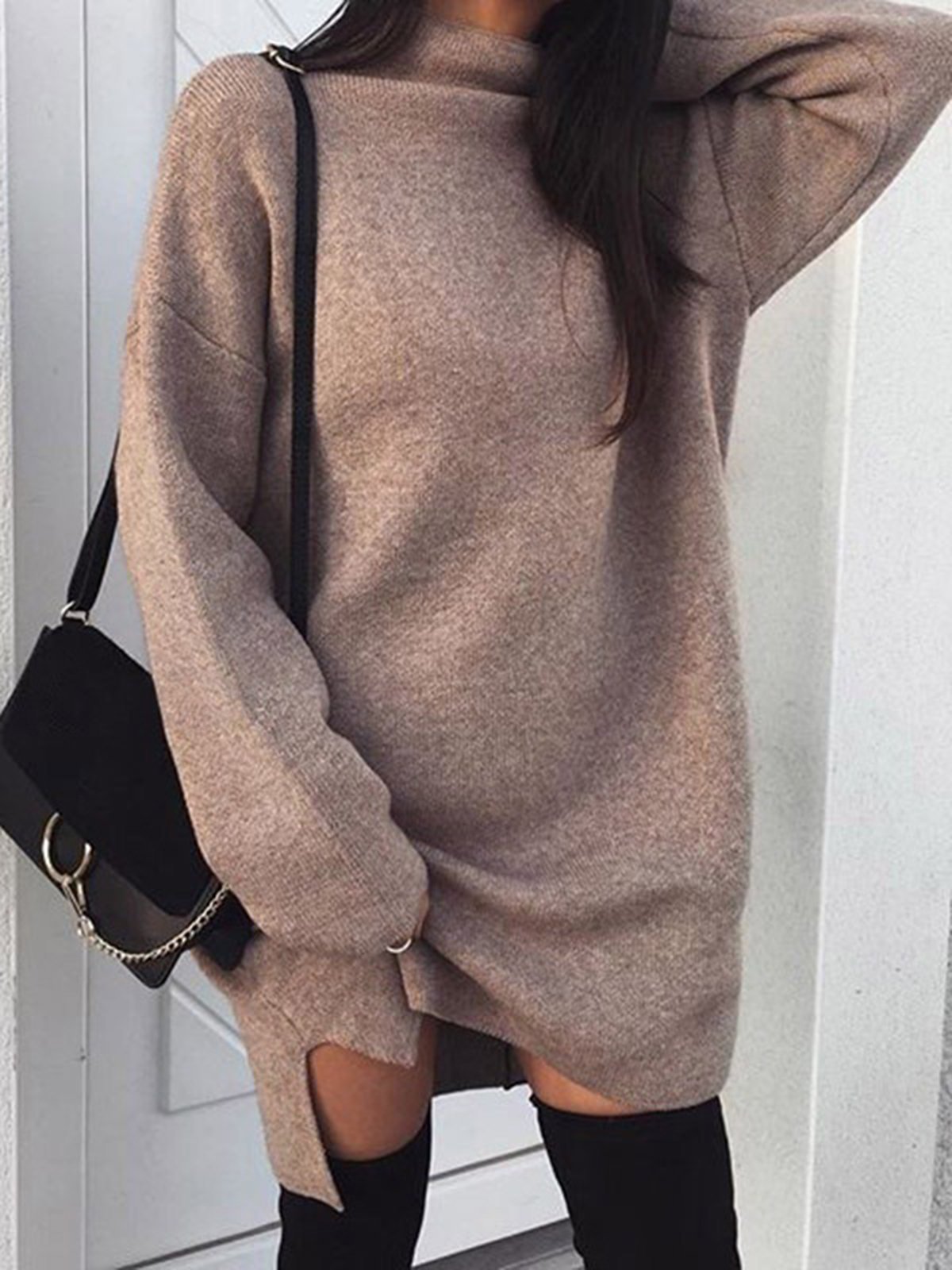 Solid Turtle Neck Casual Fall Dress