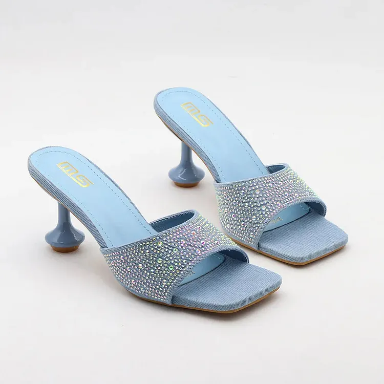 Summer Blue Denim Rhinestone Women's Slippers with 7CM Heel