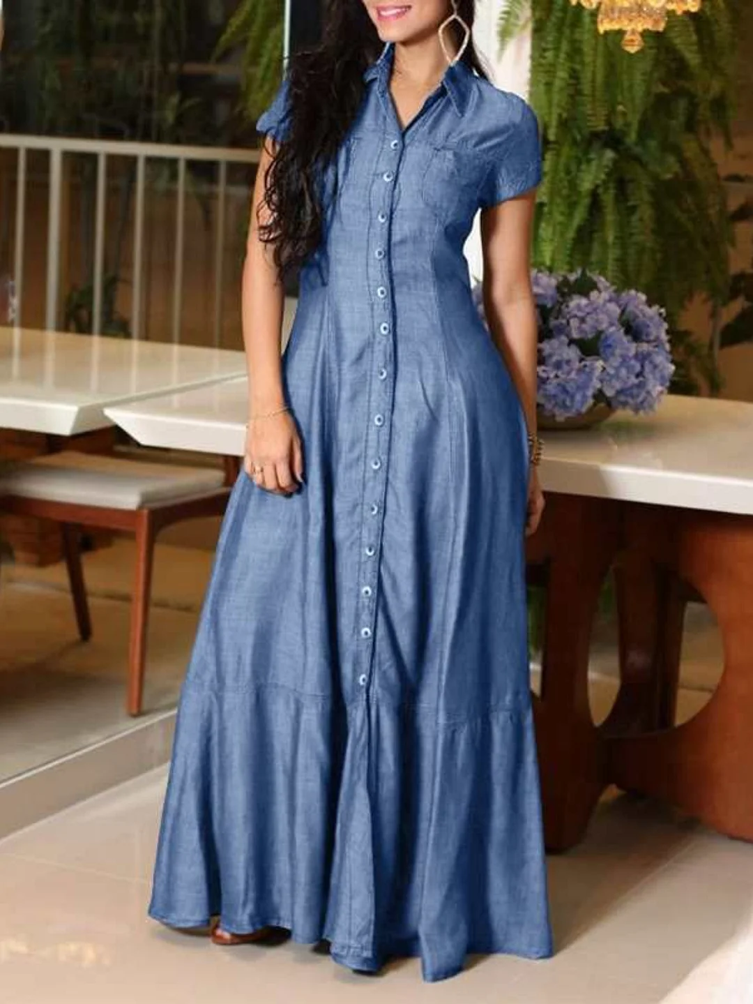 European And American New Style Long Dress, Shirt Collar, Large Pockets, Big Flare Skirt, Large Size Casual Denim Dress | IFYHOME