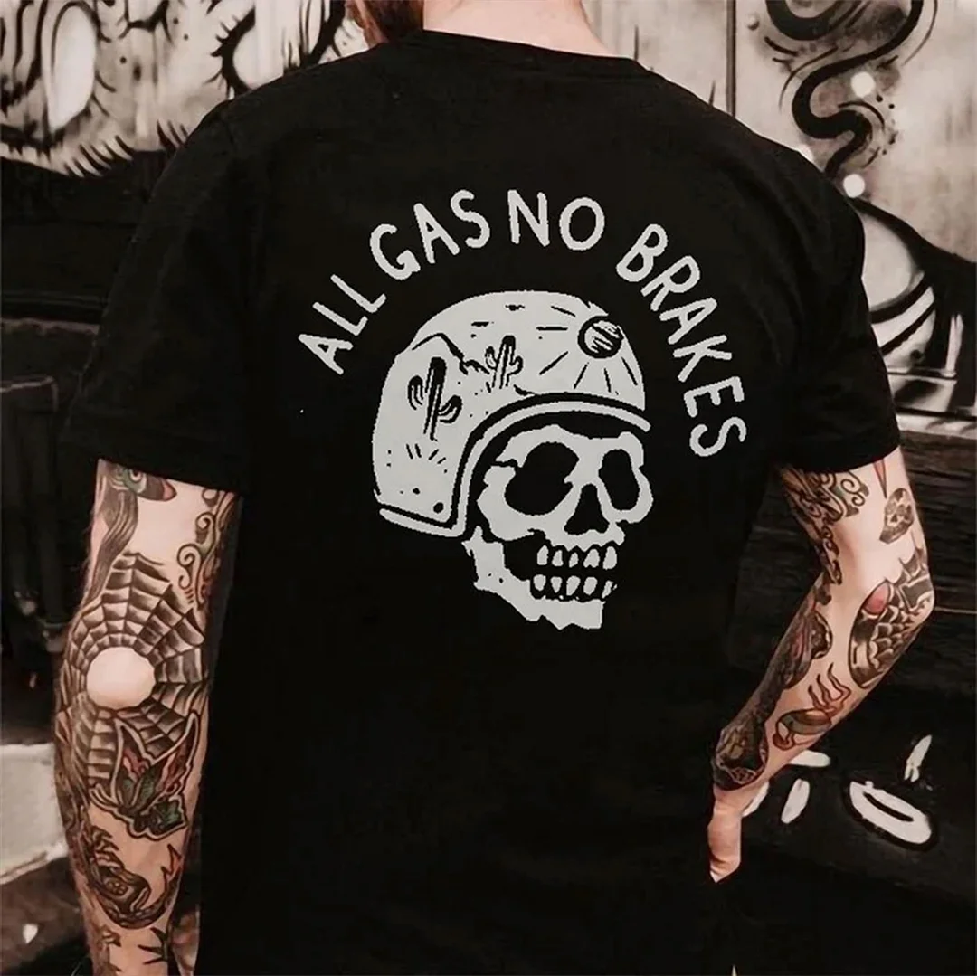 ALL GAS NO BRAKES Skull with Helmet Casual Graphic Black Print T-shirt