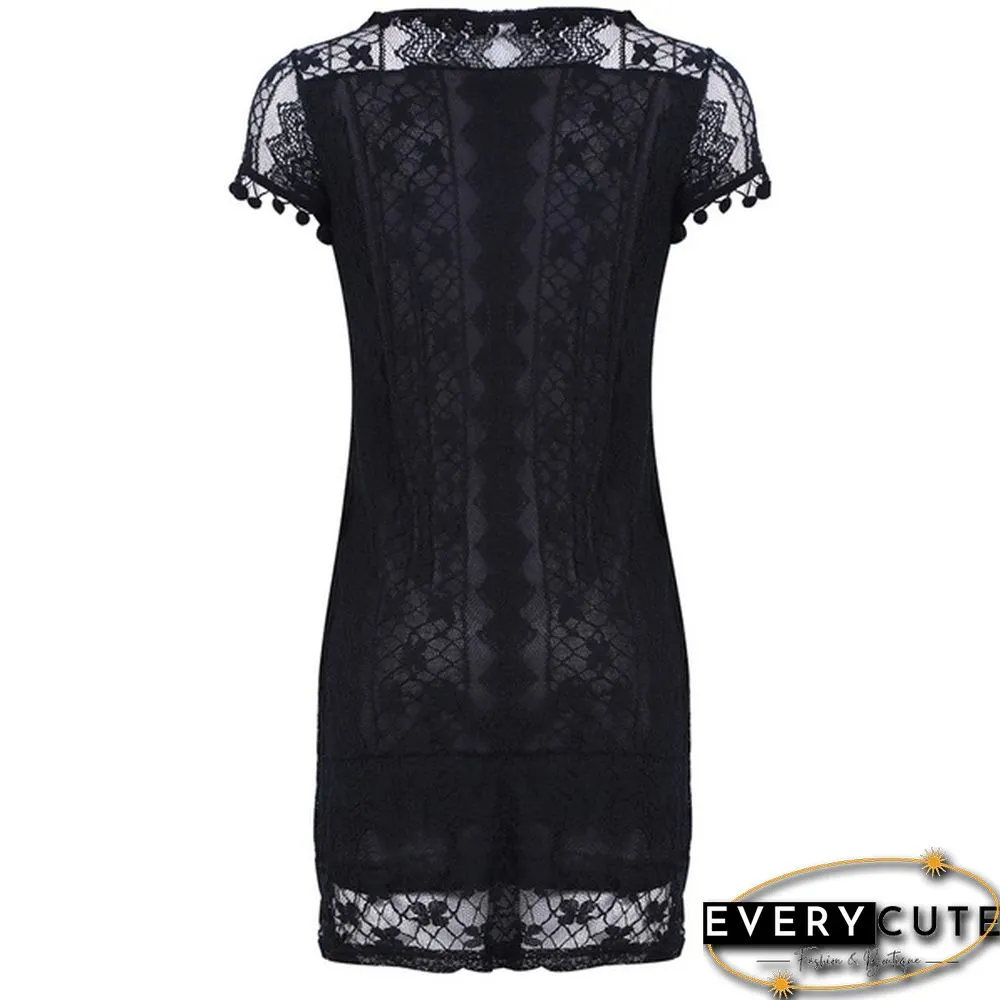 (S-5XL)Fashion Summer Dress Women Casual Sleeveless Short Dress Tassel Solid White Mini Lace Dress Plus Size