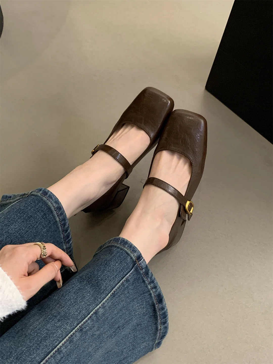 Breakj Breakj Square Head Thick Heel Single Shoes Women Spring And Autumn New French Evening Fairy Soft Skin Mary Jane Small Leather Shoes