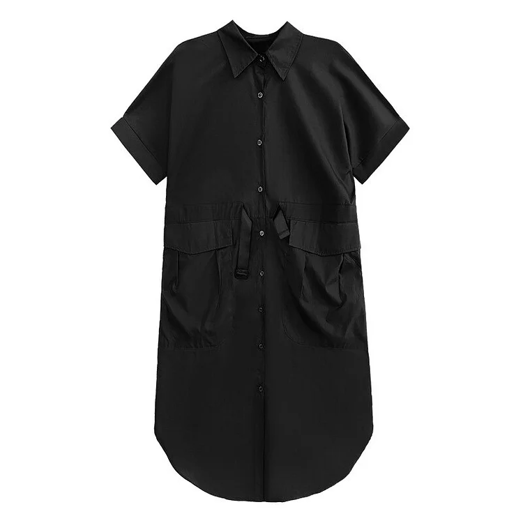 Casual Solid Color Turn-down Collar Waistband Short Sleeve Single Breasted Shirt Dress